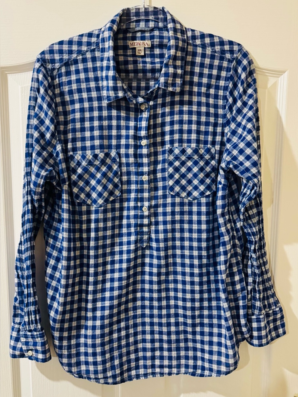 Merona Blue and White Plaid Button-Up Women’s Long Sleeve Shirt XXL